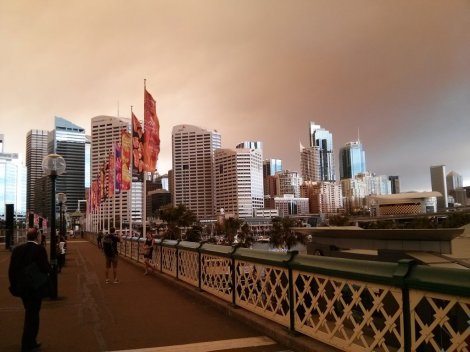 Sydney under smoky skies Pyrmont Bridge